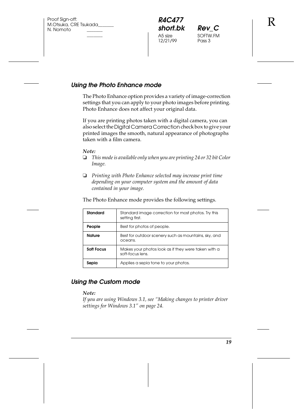 Using the photo enhance mode, Using the custom mode, Using the photo enhance mode using the custom mode | R4c477 short.bk rev_c | Epson 860 User Manual | Page 26 / 75