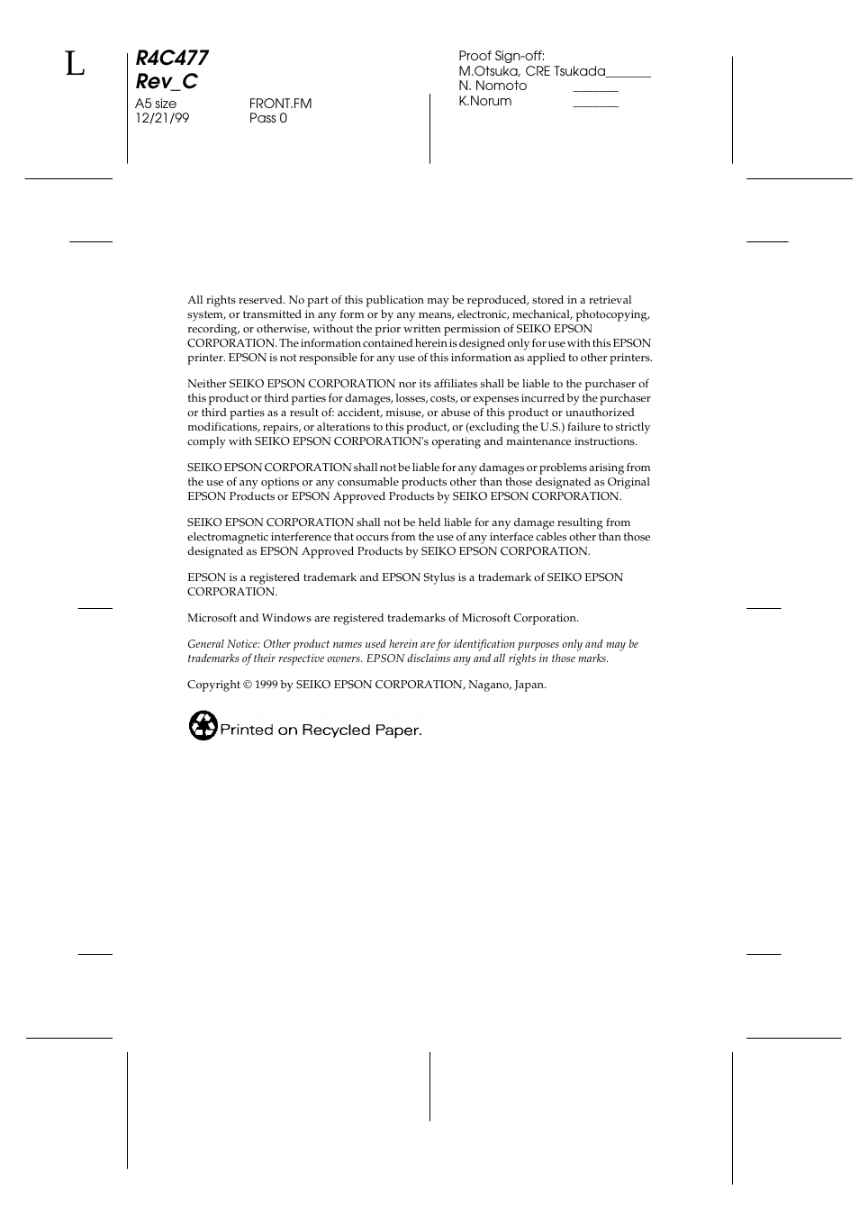 Copyright, R4c477 rev_c | Epson 860 User Manual | Page 3 / 75