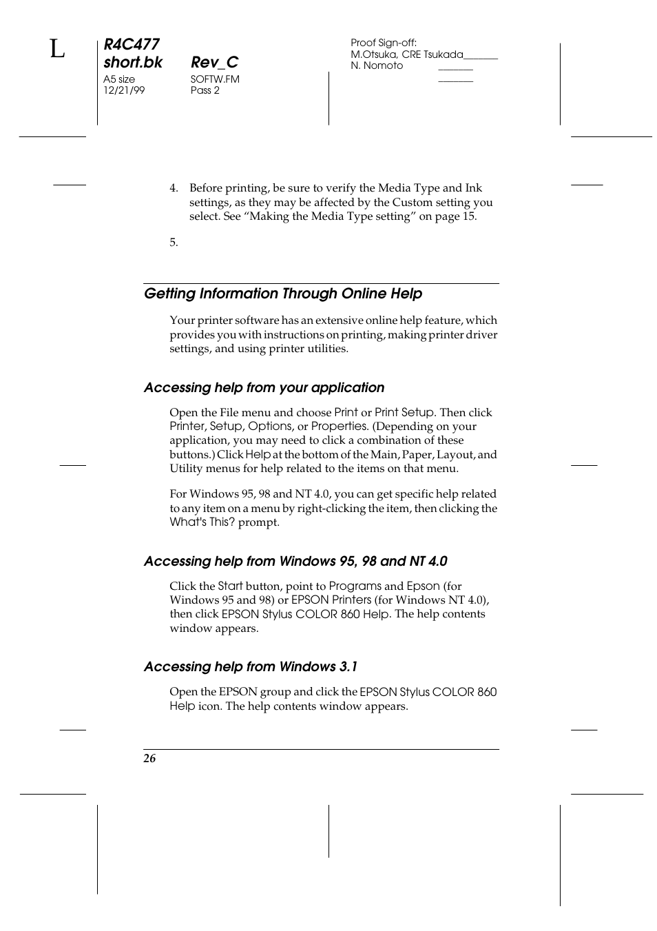 Getting information through online help, Accessing help from your application, Accessing help from windows 95, 98 and nt 4.0 | Accessing help from windows 3.1, R4c477 short.bk rev_c | Epson 860 User Manual | Page 33 / 75