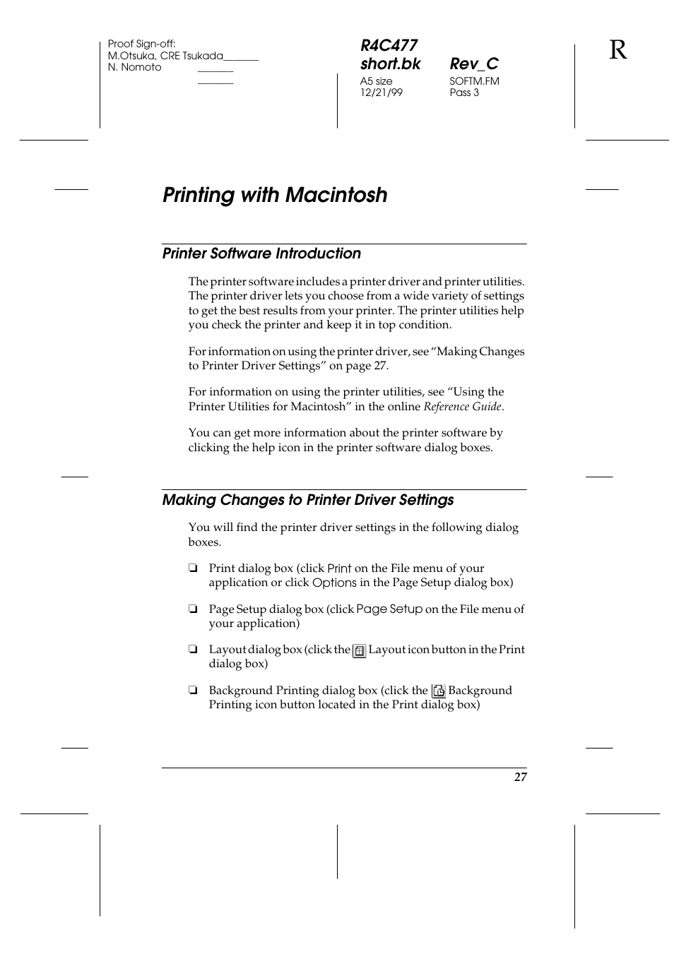 Printing with macintosh, Printer software introduction, Making changes to printer driver settings | R4c477 short.bk rev_c | Epson 860 User Manual | Page 34 / 75