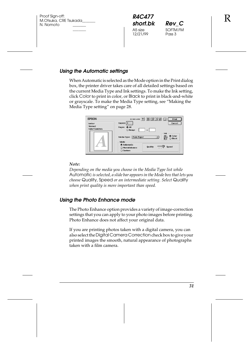 Using the automatic settings, Using the photo enhance mode, R4c477 short.bk rev_c | Epson 860 User Manual | Page 38 / 75