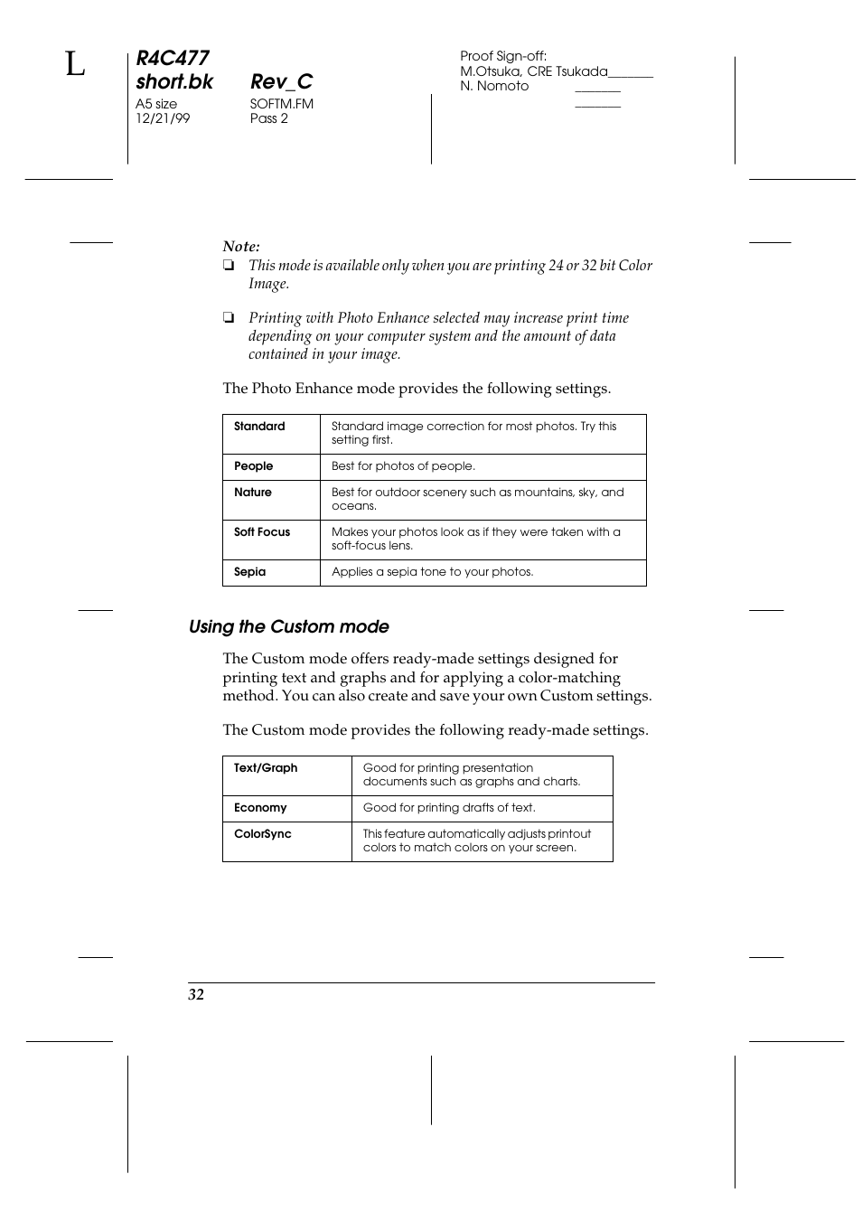 Using the custom mode, R4c477 short.bk rev_c | Epson 860 User Manual | Page 39 / 75