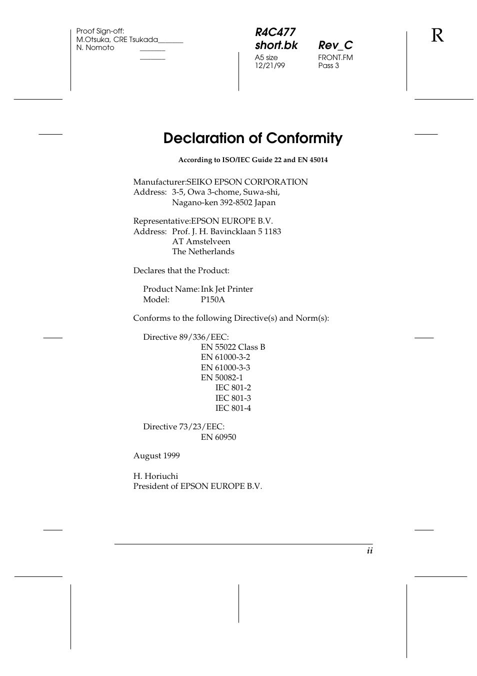 Declaration of conformity, R4c477 short.bk rev_c | Epson 860 User Manual | Page 4 / 75