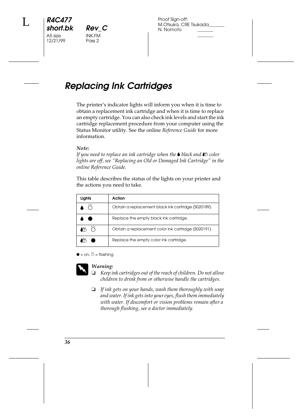 Replacing ink cartridges, R4c477 short.bk rev_c | Epson 860 User Manual | Page 43 / 75