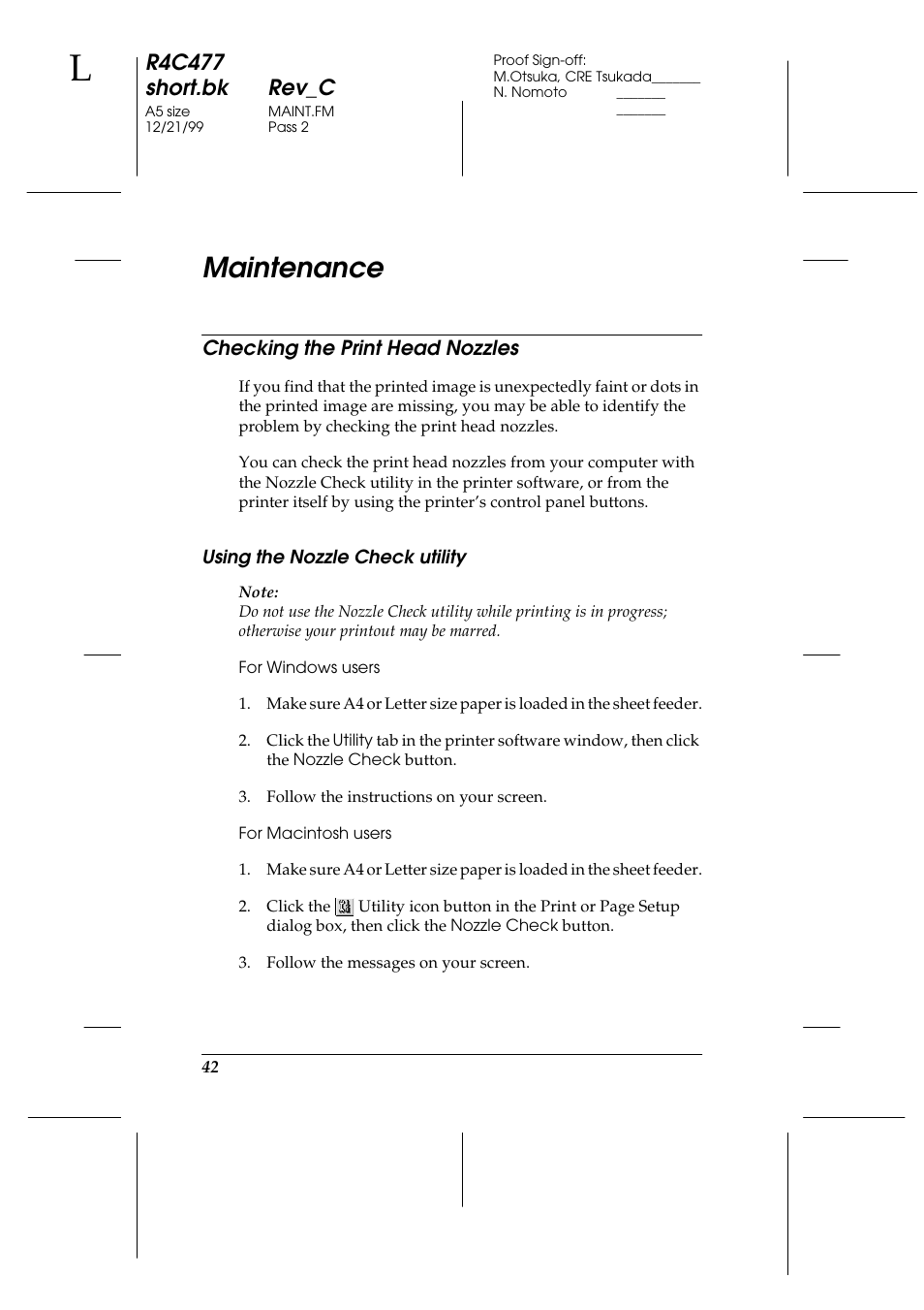 Maintenance, Checking the print head nozzles, Using the nozzle check utility | R4c477 short.bk rev_c | Epson 860 User Manual | Page 49 / 75