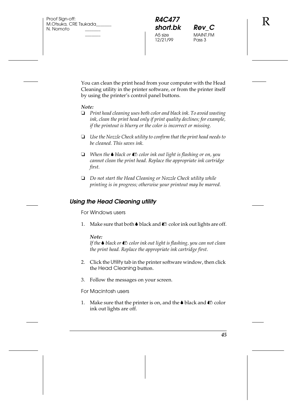 Using the head cleaning utility, R4c477 short.bk rev_c | Epson 860 User Manual | Page 52 / 75
