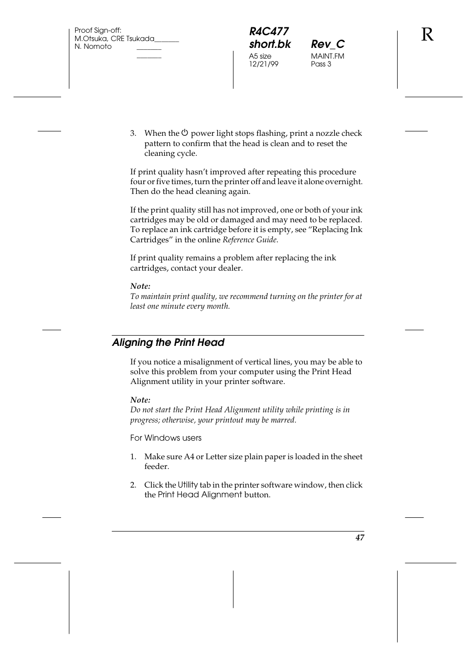 Aligning the print head, R4c477 short.bk rev_c | Epson 860 User Manual | Page 54 / 75