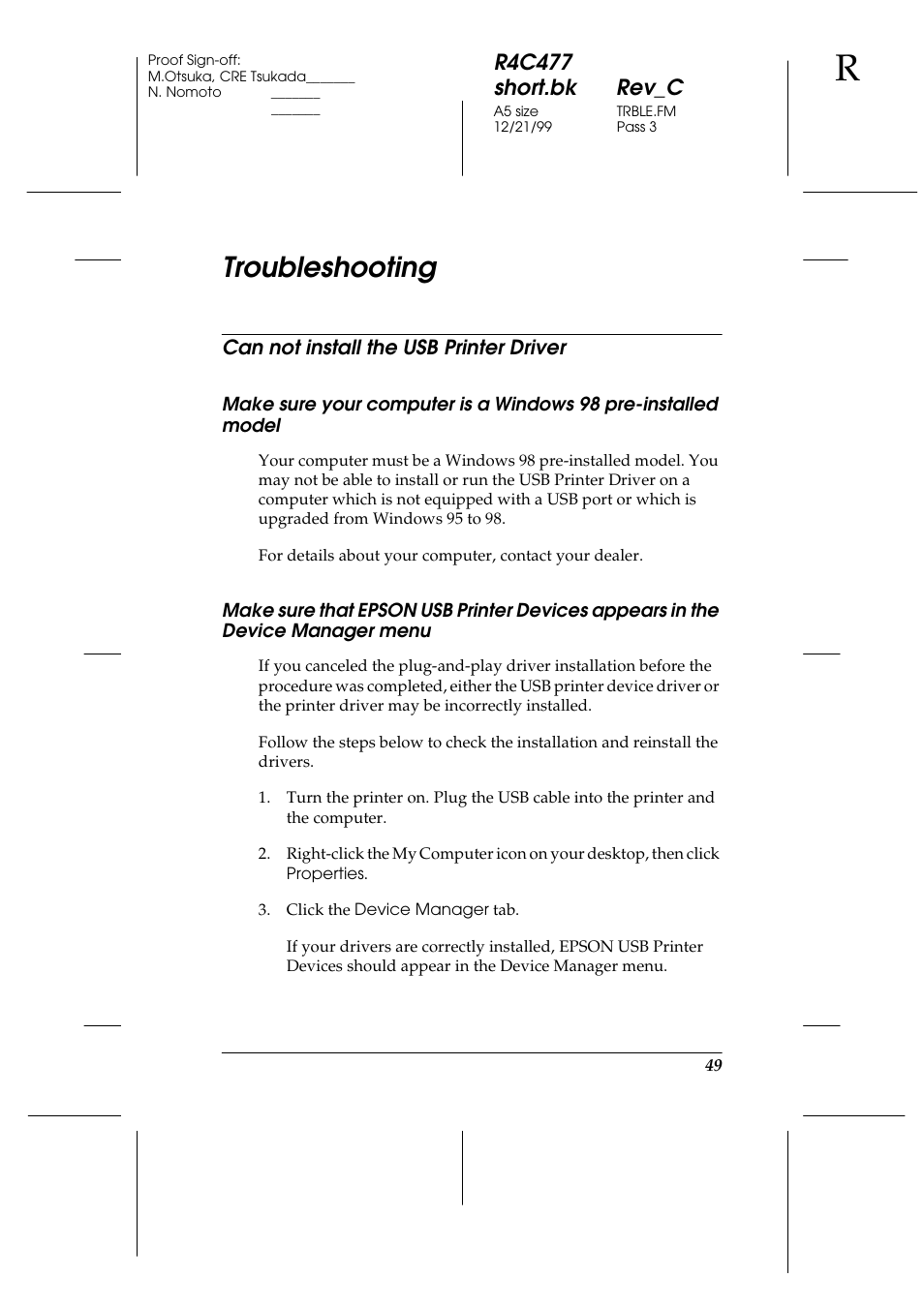 Troubleshooting, Can not install the usb printer driver, Vice manager menu | R4c477 short.bk rev_c | Epson 860 User Manual | Page 56 / 75