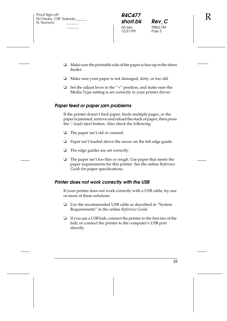 Paper feed or paper jam problems, Printer does not work correctly with the usb, R4c477 short.bk rev_c | Epson 860 User Manual | Page 62 / 75