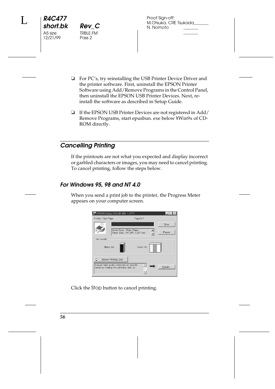 Cancelling printing, For windows 95, 98 and nt 4.0, Cancelling printing for windows 95, 98 and nt 4.0 | R4c477 short.bk rev_c | Epson 860 User Manual | Page 63 / 75