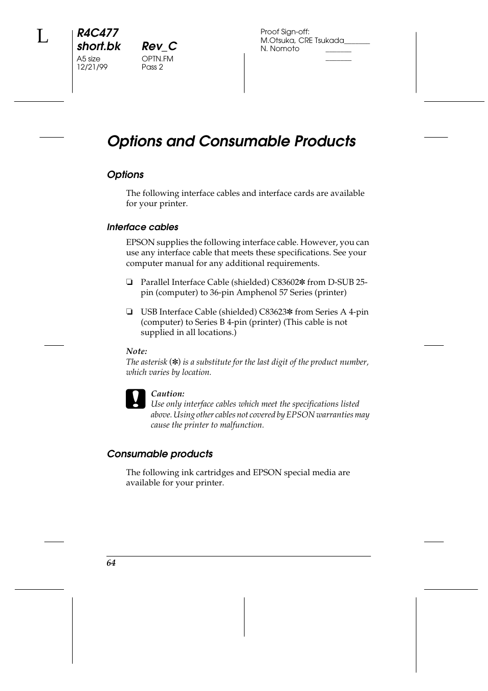 Options and consumable products, Options, Consumable products | Epson 860 User Manual | Page 71 / 75