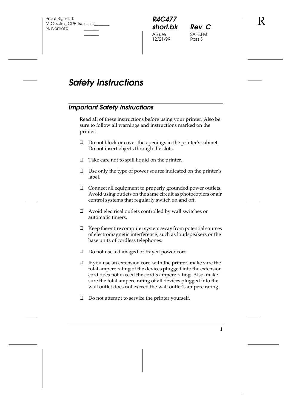 Safety instructions, Important safety instructions, R4c477 short.bk rev_c | Epson 860 User Manual | Page 8 / 75