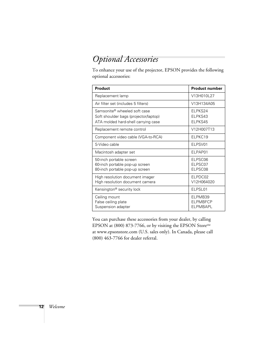 Optional accessories | Epson 54c User Manual | Page 12 / 106