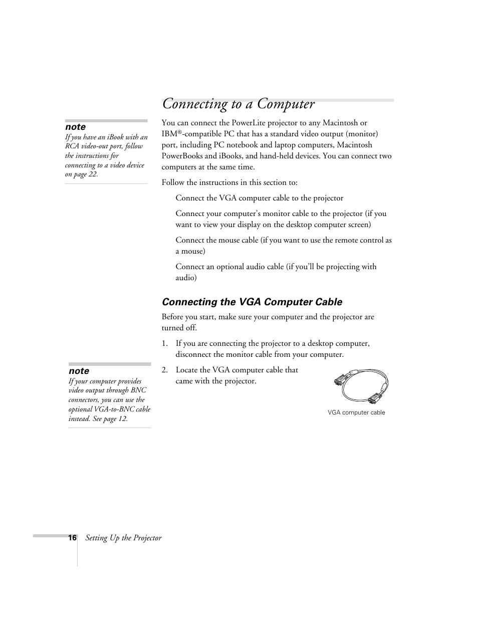 Connecting to a computer, Connecting the vga computer cable | Epson 54c User Manual | Page 16 / 106