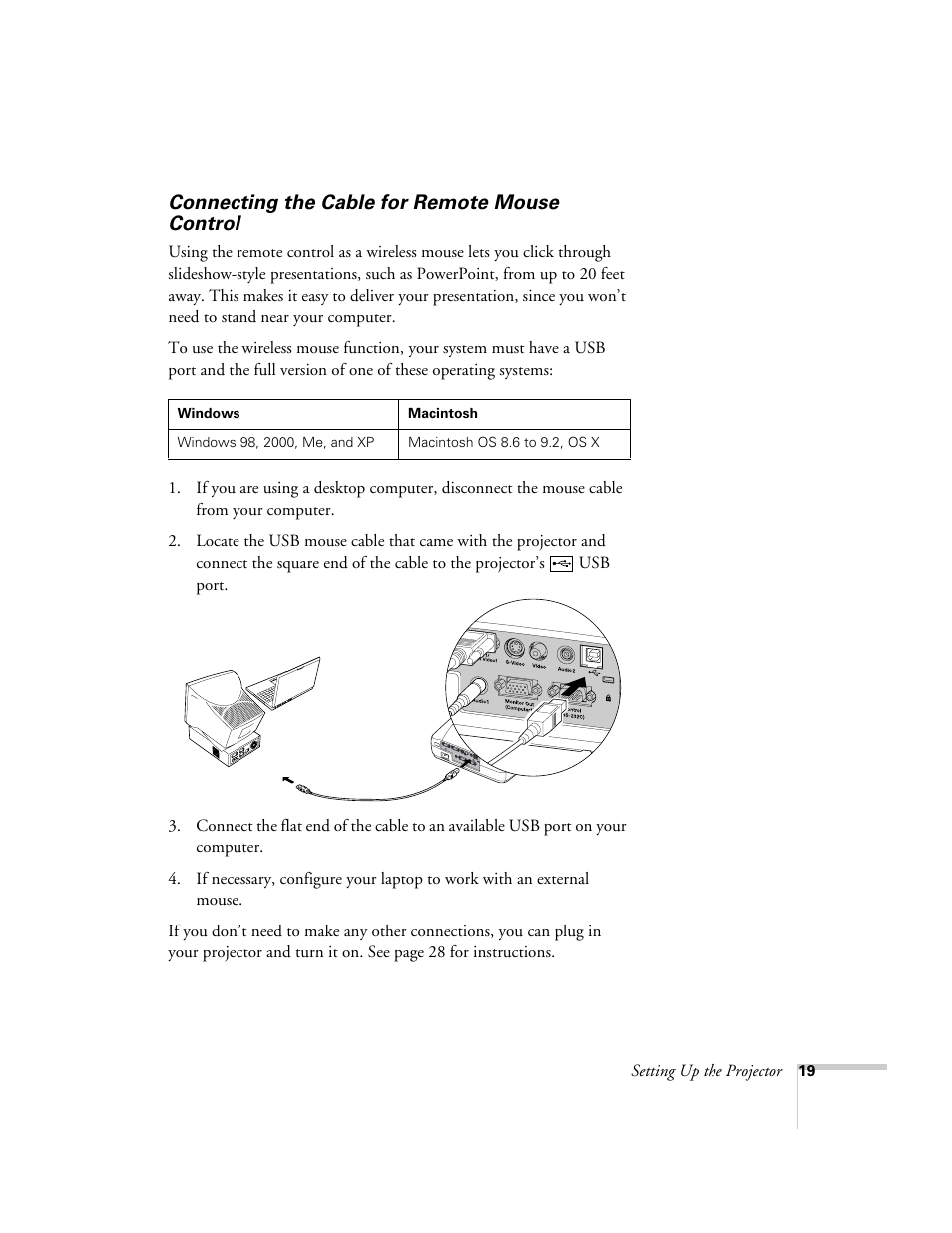 Connecting the cable for remote mouse control | Epson 54c User Manual | Page 19 / 106