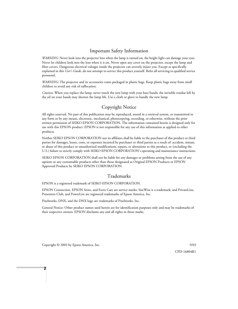 Important safety information, Copyright notice, Trademarks | Epson 54c User Manual | Page 2 / 106