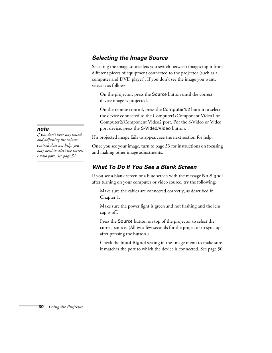 Selecting the image source, What to do if you see a blank screen | Epson 54c User Manual | Page 30 / 106