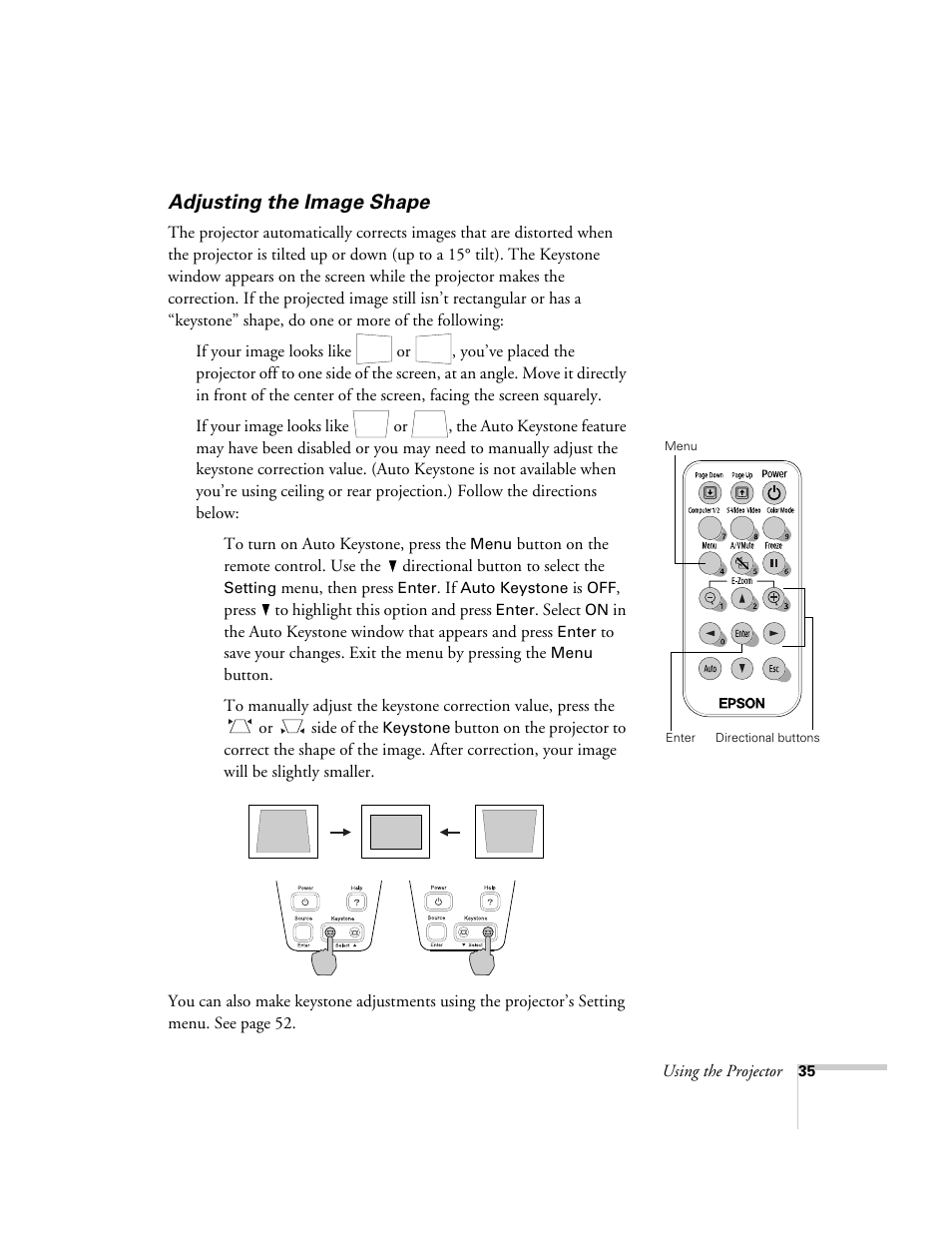 Adjusting the image shape | Epson 54c User Manual | Page 35 / 106