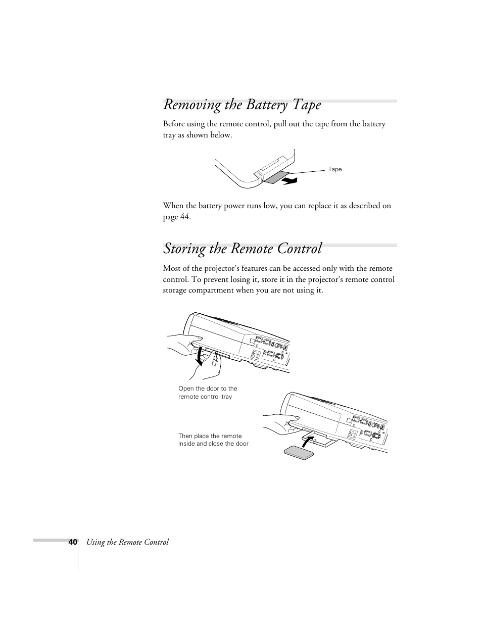 Removing the battery tape, Storing the remote control | Epson 54c User Manual | Page 40 / 106