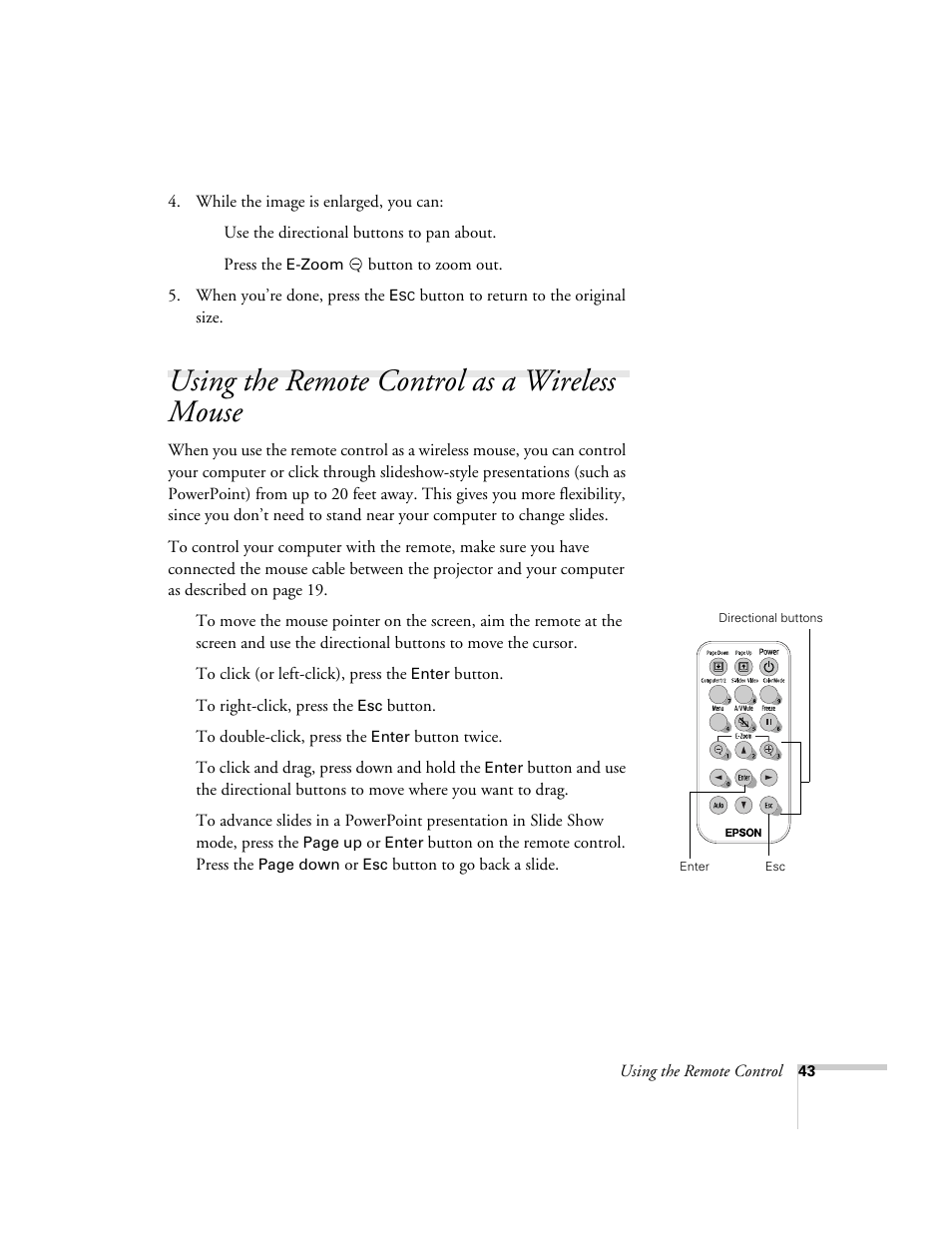 Using the remote control as a wireless mouse | Epson 54c User Manual | Page 43 / 106