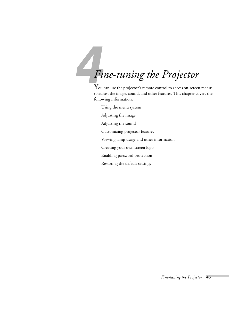 Fine-tuning the projector | Epson 54c User Manual | Page 45 / 106