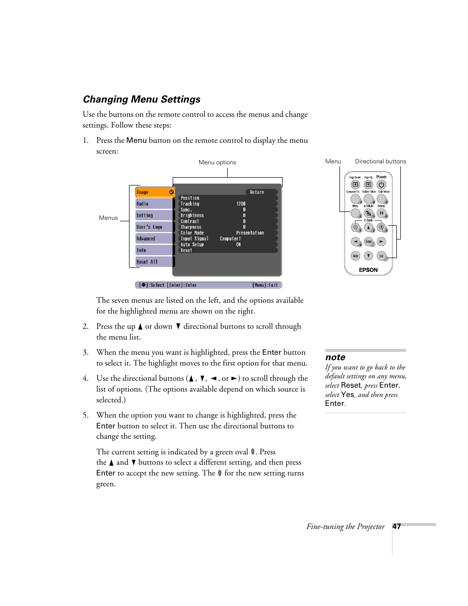 Changing menu settings | Epson 54c User Manual | Page 47 / 106