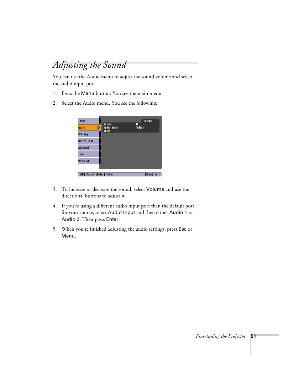 Adjusting the sound | Epson 54c User Manual | Page 51 / 106