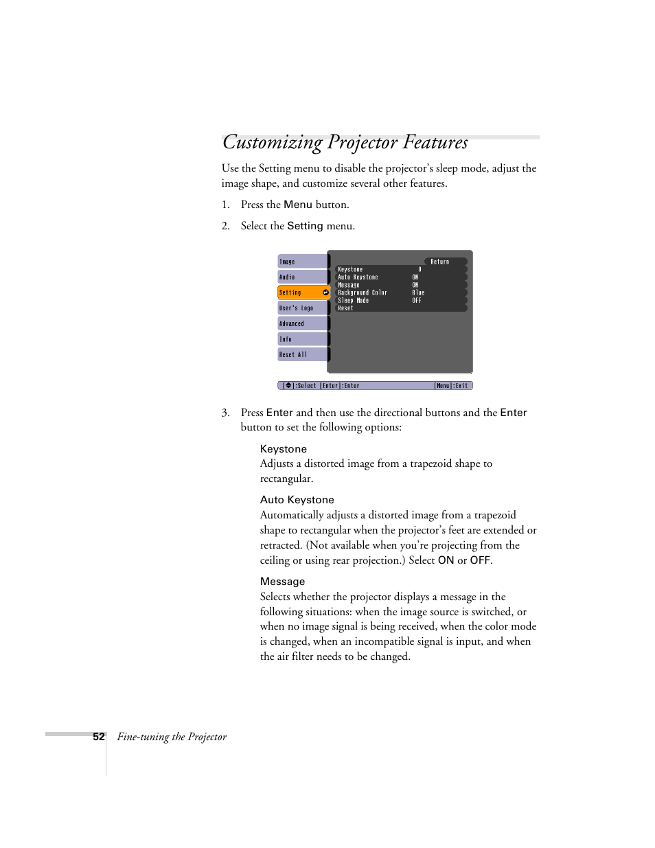 Customizing projector features | Epson 54c User Manual | Page 52 / 106