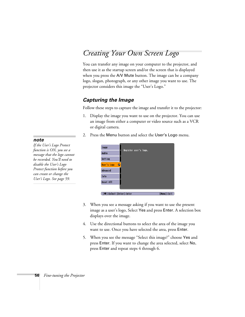 Creating your own screen logo, Capturing the image | Epson 54c User Manual | Page 56 / 106