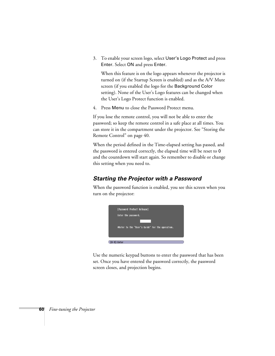 Starting the projector with a password | Epson 54c User Manual | Page 60 / 106