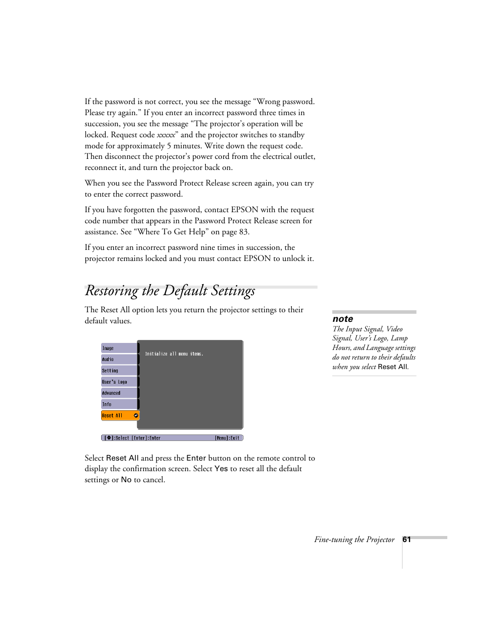 Restoring the default settings | Epson 54c User Manual | Page 61 / 106