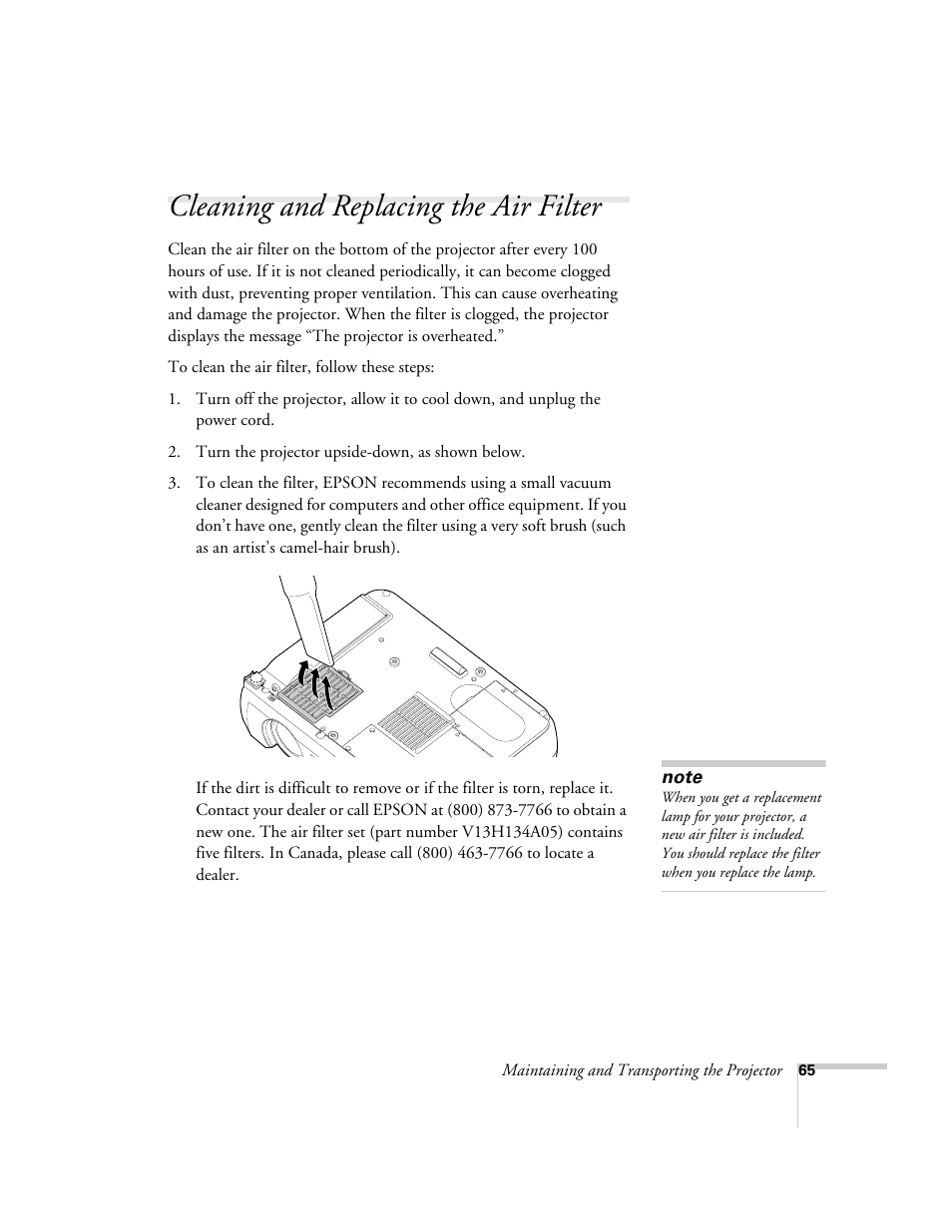 Cleaning and replacing the air filter | Epson 54c User Manual | Page 65 / 106