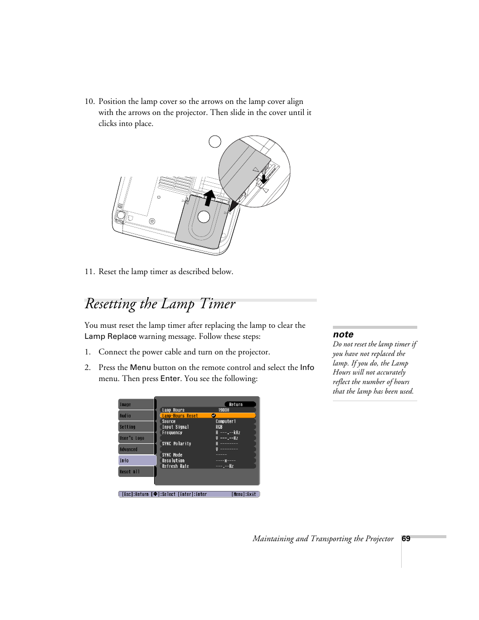 Resetting the lamp timer | Epson 54c User Manual | Page 69 / 106