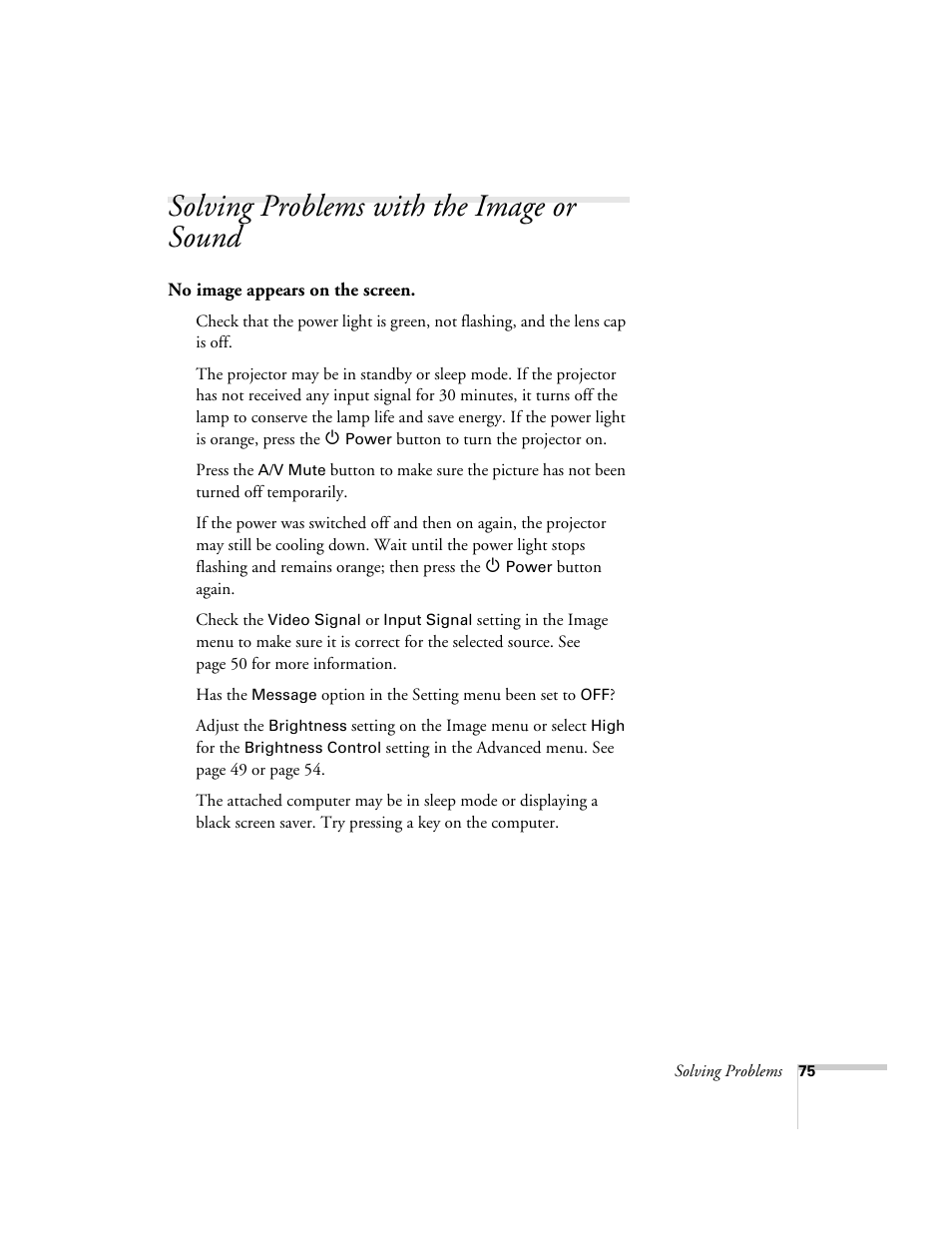 Solving problems with the image or sound | Epson 54c User Manual | Page 75 / 106