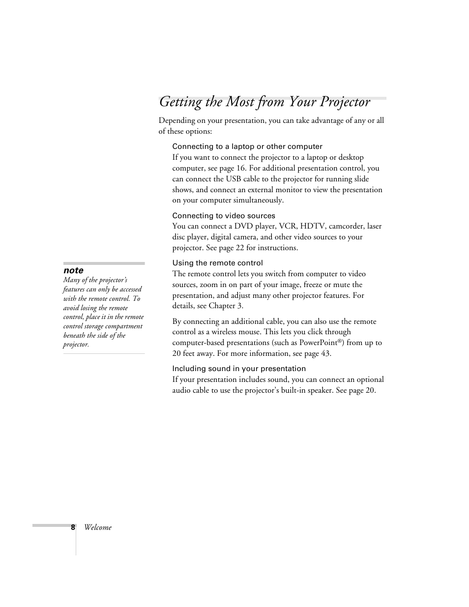 Getting the most from your projector | Epson 54c User Manual | Page 8 / 106