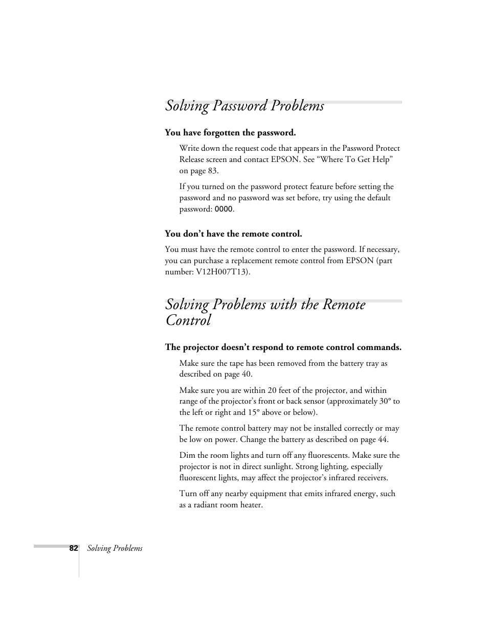 Solving password problems, Solving problems with the remote control | Epson 54c User Manual | Page 82 / 106