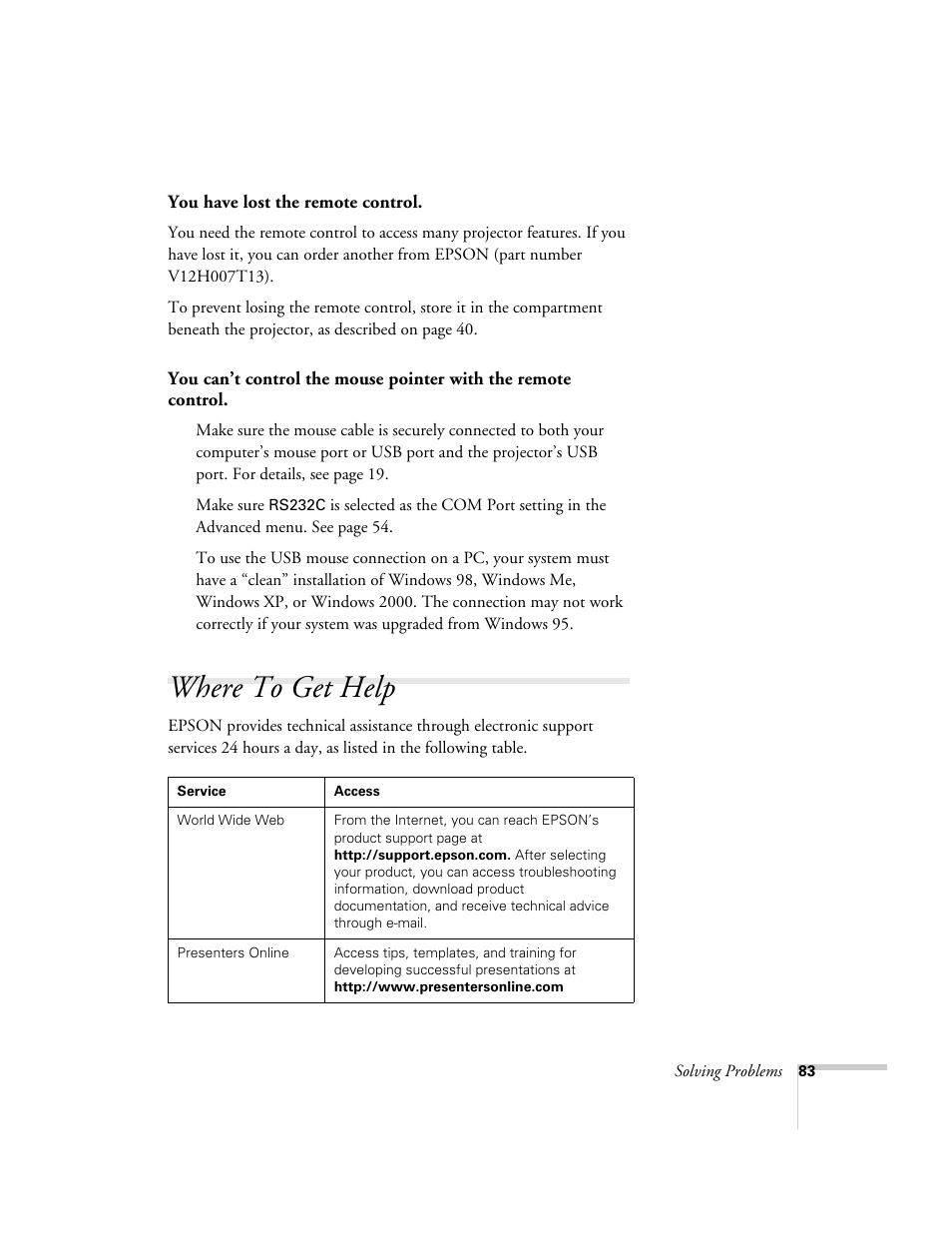 Where to get help | Epson 54c User Manual | Page 83 / 106