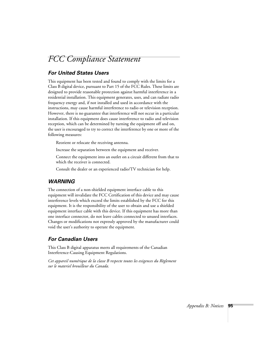 Fcc compliance statement | Epson 54c User Manual | Page 95 / 106