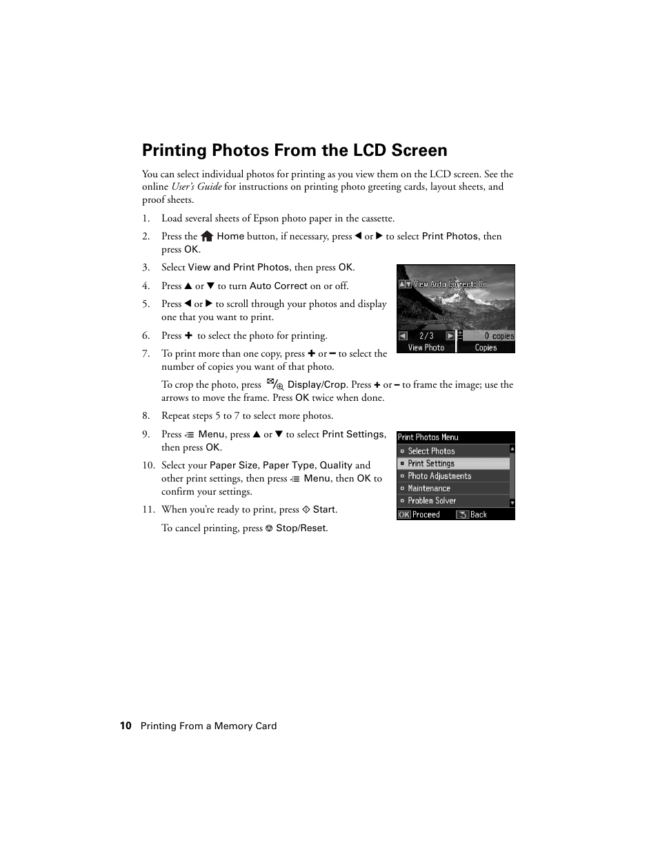 Printing photos from the lcd screen | Epson Artisan 730 User Manual | Page 10 / 36