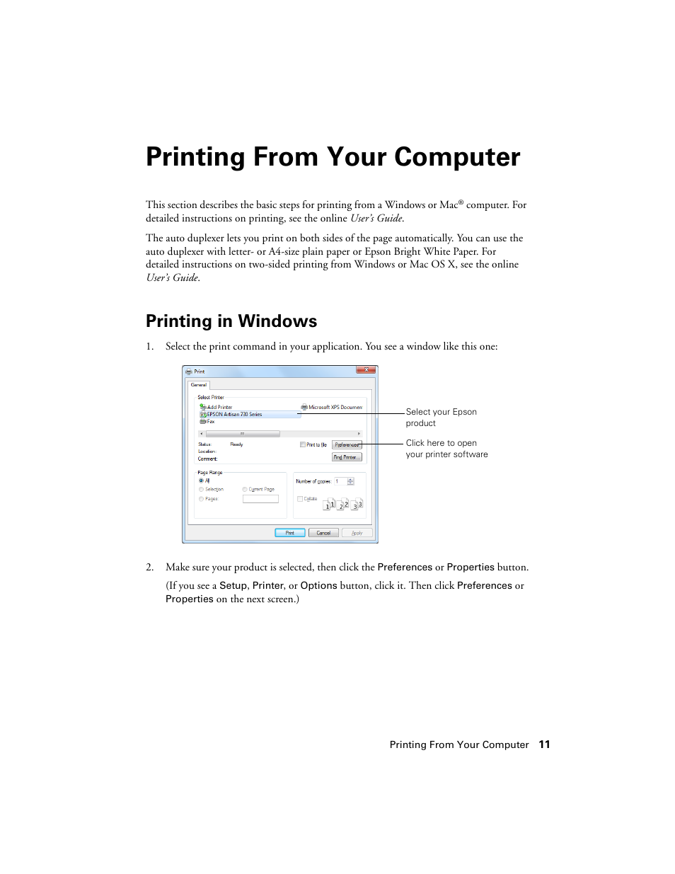 Printing from your computer, Printing in windows | Epson Artisan 730 User Manual | Page 11 / 36