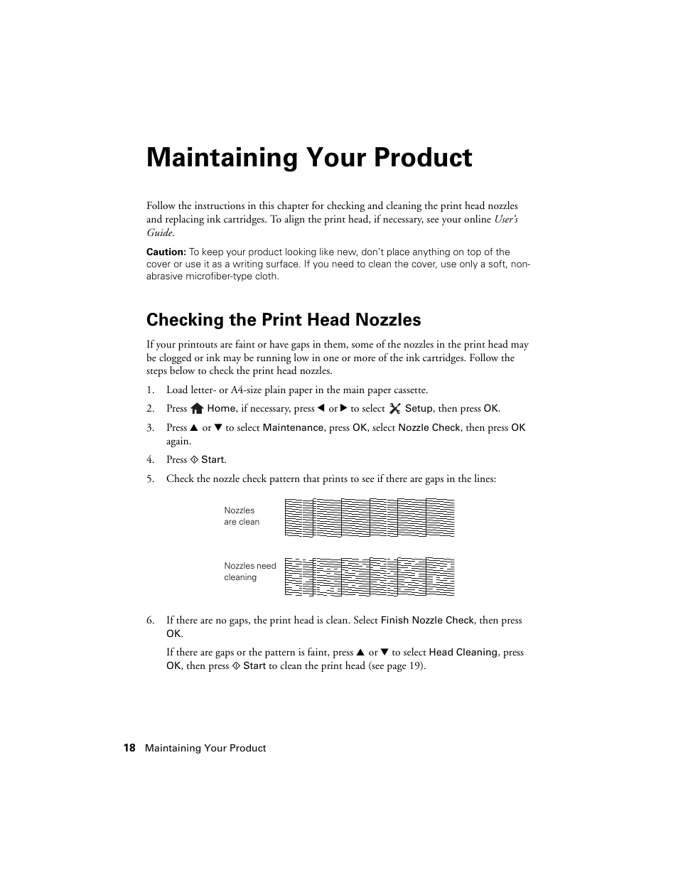 Maintaining your product, Checking the print head nozzles | Epson Artisan 730 User Manual | Page 18 / 36