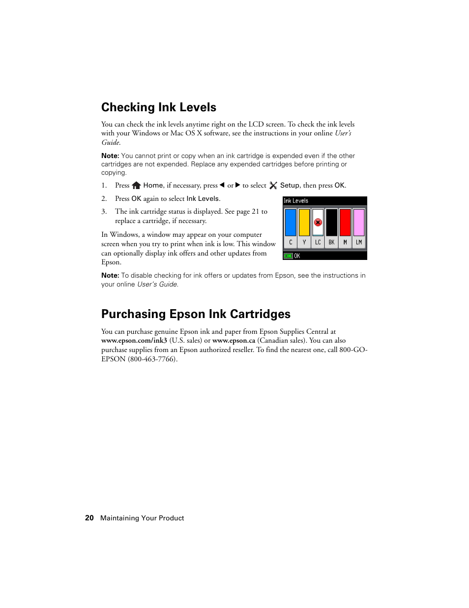 Checking ink levels, Purchasing epson ink cartridges | Epson Artisan 730 User Manual | Page 20 / 36