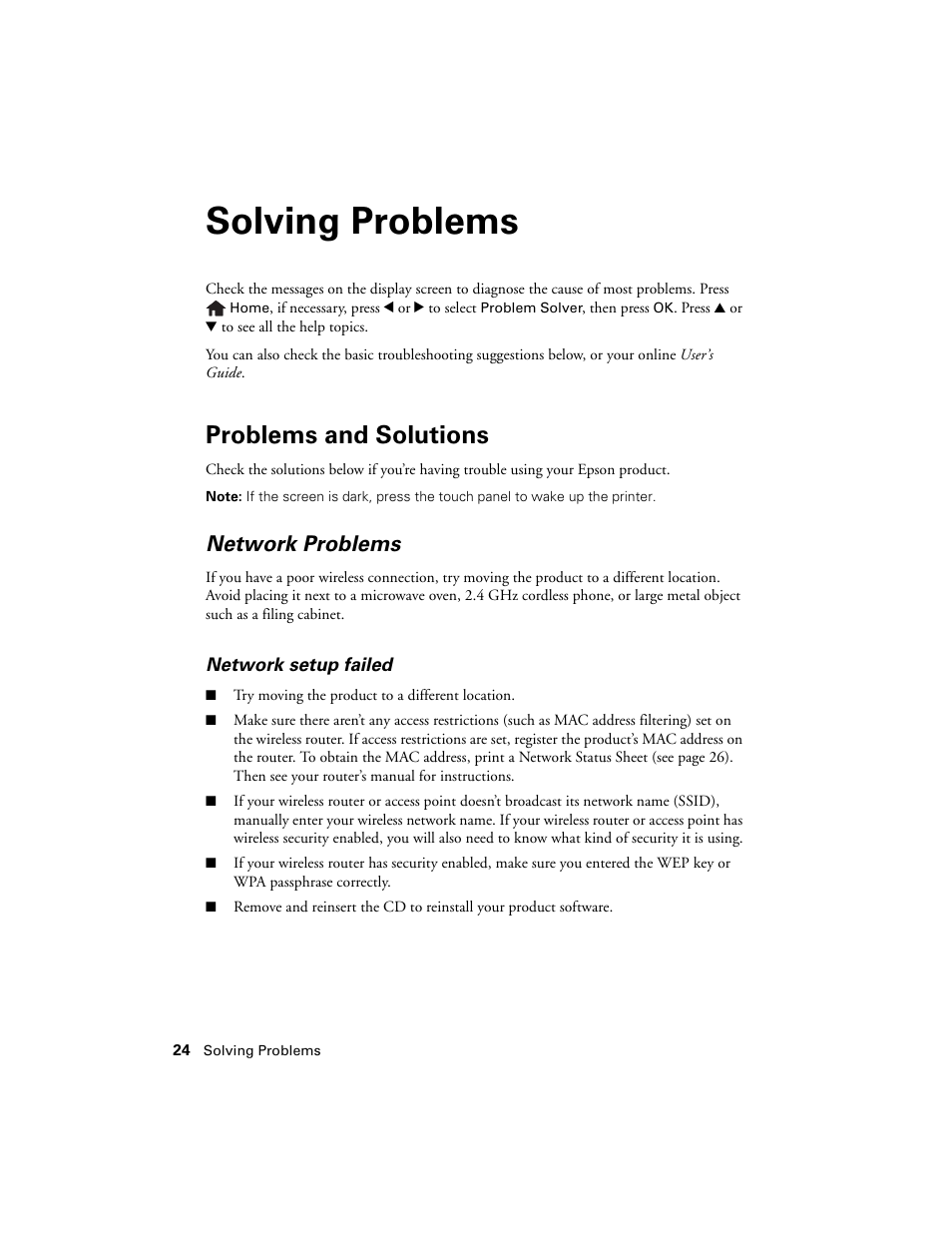 Solving problems, Problems and solutions, Network problems | Epson Artisan 730 User Manual | Page 24 / 36