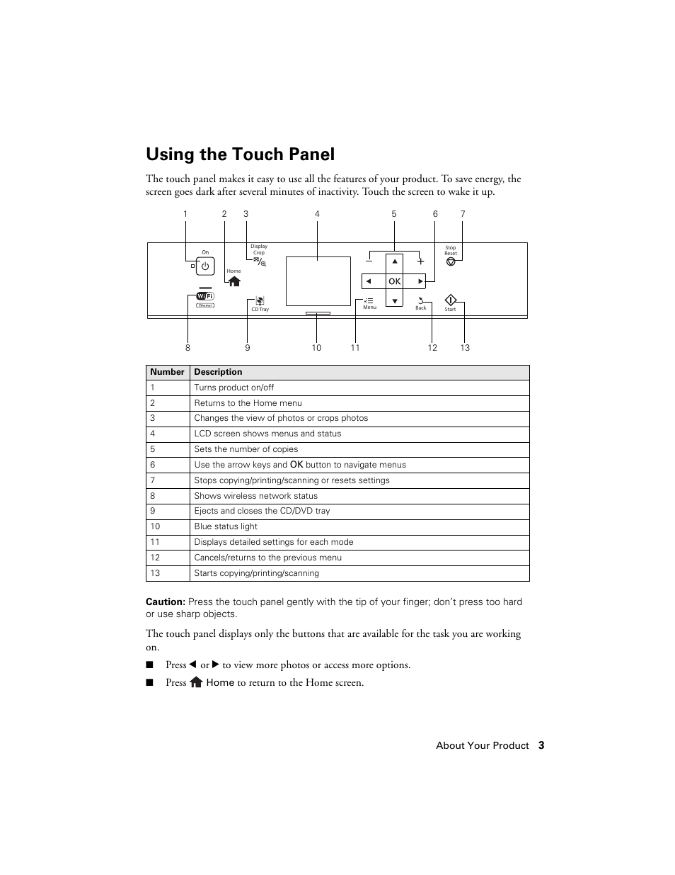 Using the touch panel | Epson Artisan 730 User Manual | Page 3 / 36