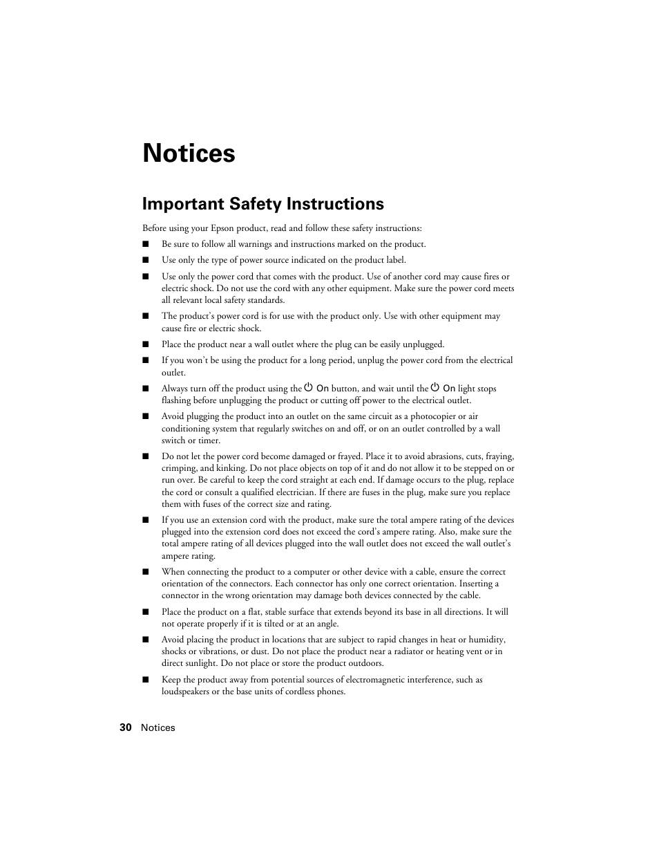 Notices, Important safety instructions | Epson Artisan 730 User Manual | Page 30 / 36