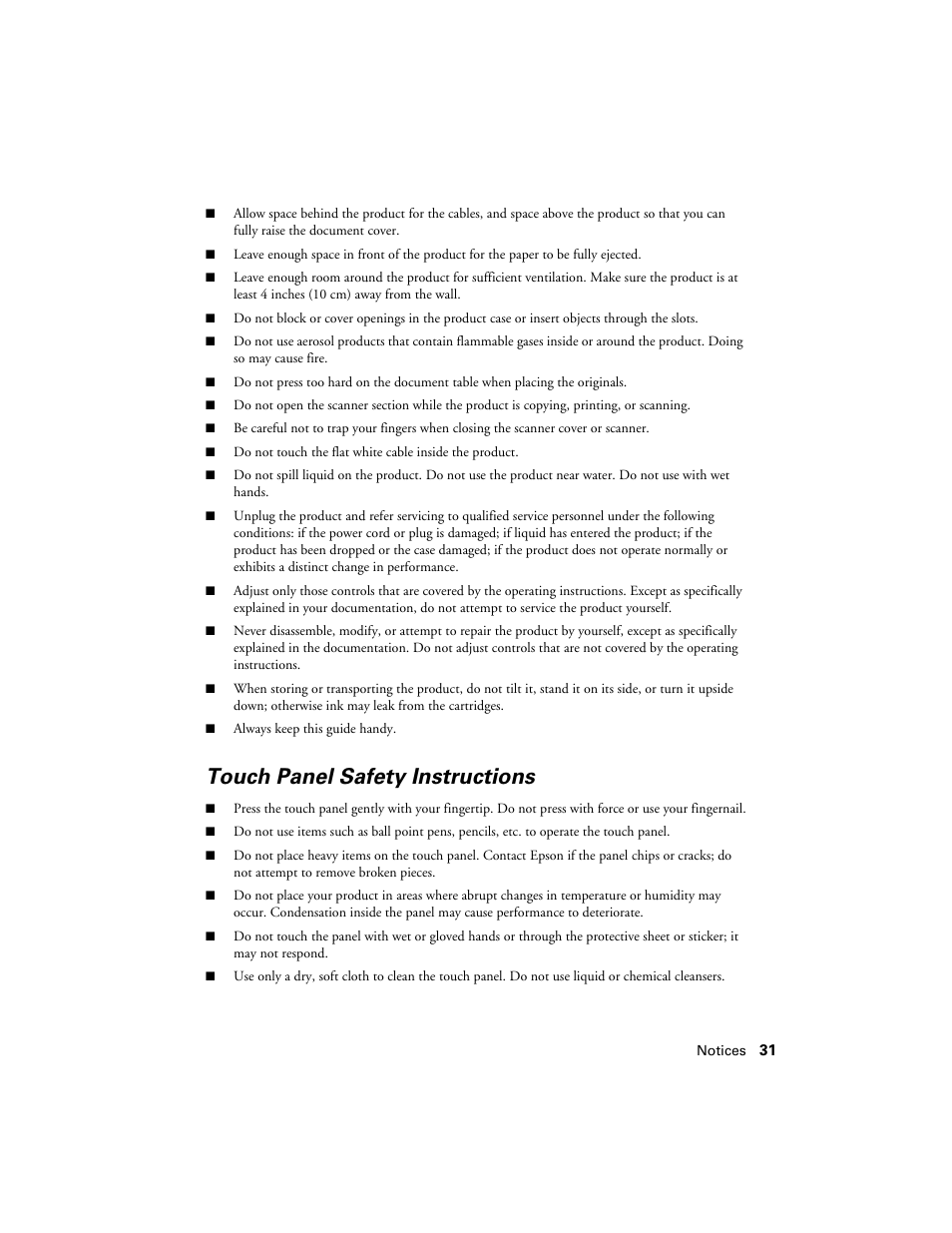 Touch panel safety instructions | Epson Artisan 730 User Manual | Page 31 / 36