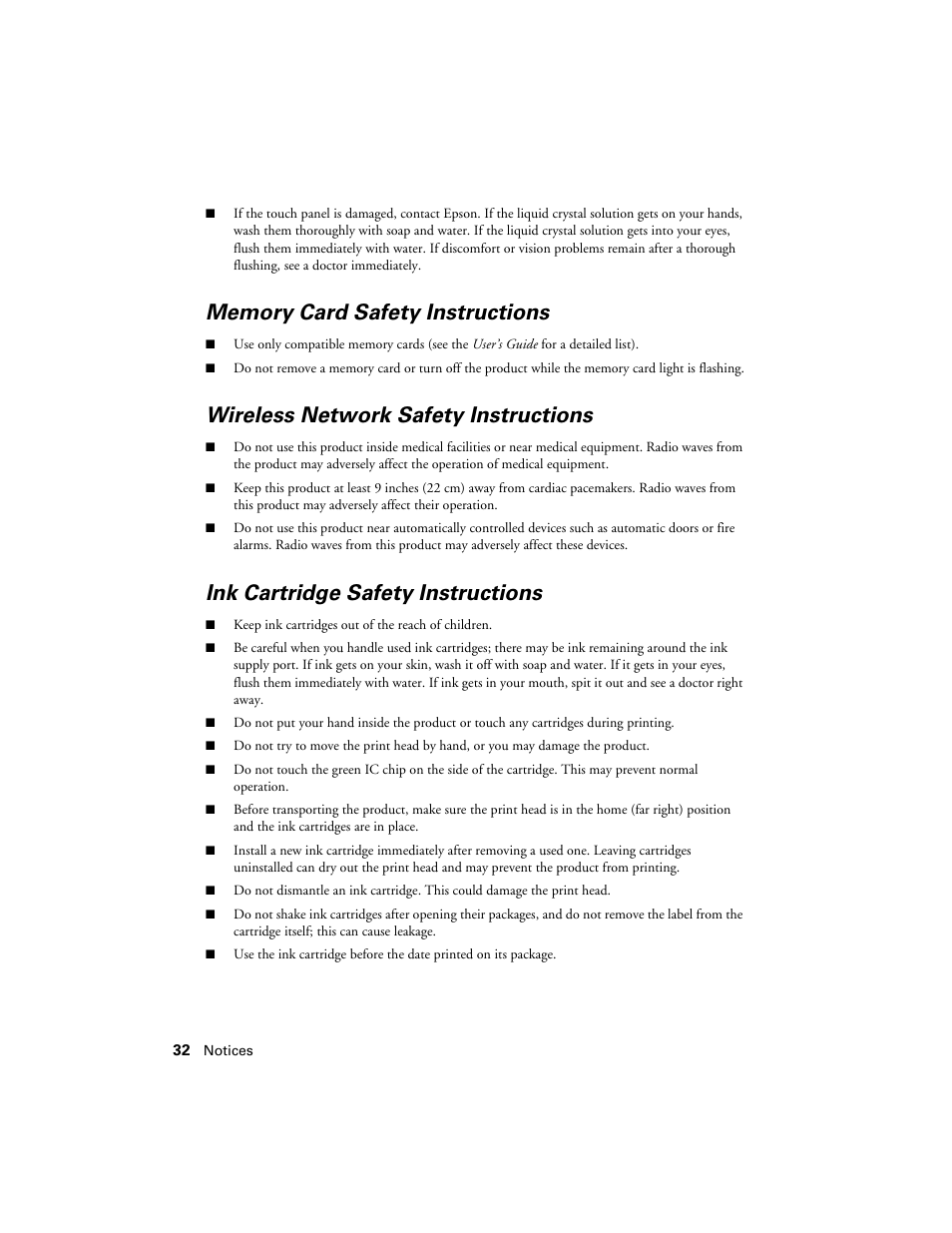 Wireless network safety instructions, Ink cartridge safety instructions | Epson Artisan 730 User Manual | Page 32 / 36