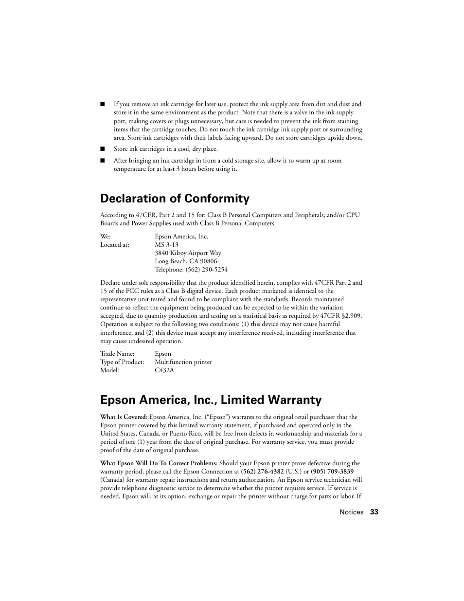 Declaration of conformity, Epson america, inc., limited warranty, Warranty | Epson Artisan 730 User Manual | Page 33 / 36