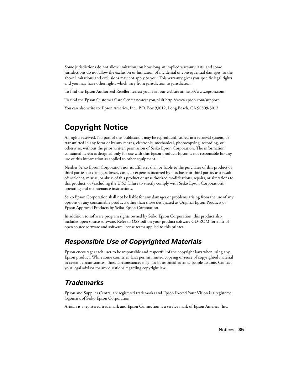 Copyright notice, Responsible use of copyrighted materials, Trademarks | Epson Artisan 730 User Manual | Page 35 / 36