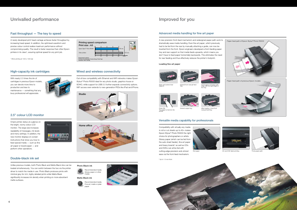 Unrivalled performance, Improved for you, Fast throughput — the key to speed | Wired and wireless connectivity, High-capacity ink cartridges, 5” colour lcd monitor, Double-black ink set | Epson STYLUS R3000 User Manual | Page 4 / 5